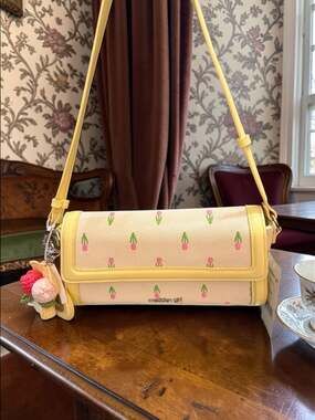 Madden Girl Yellow Floral Canvas Shoulder Bag with Crochet Charm